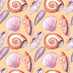 Hand drawn watercolor seamless pattern with exotic sea shell. Ocean wildlife