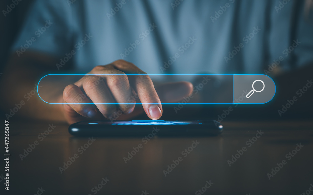 Aufkleber Data Search Technology Search Engine Optimization. man's hands are using smartphone to find what they are interested in. Searching for information with your website. internet networking. SEO.