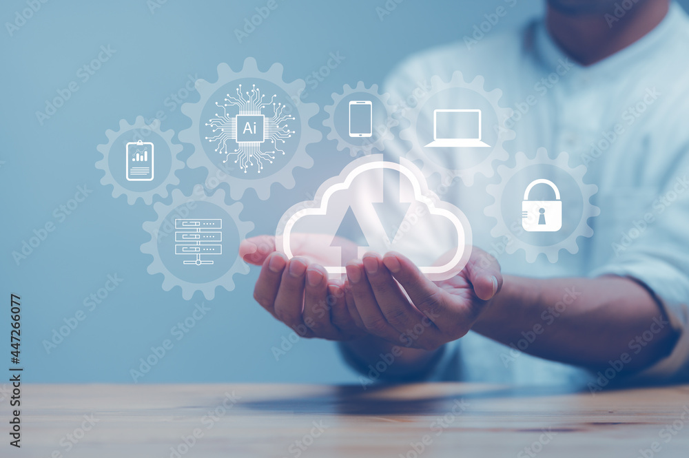 Poster man showing virtual screen with cloud computing diagram. Cloud technology. Data storage. Networking and internet service concept.