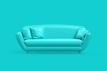 Stylish teal sofa on teal background. 3D illustration