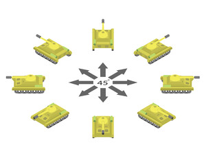 Rotation of yellow tank by 45 degrees. Tank in different angles in isometric view.
