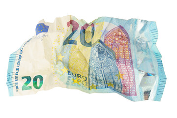 crumpled 20 euro banknote isolated on white background.