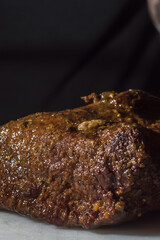 hump steak being sliced ​​with copy space