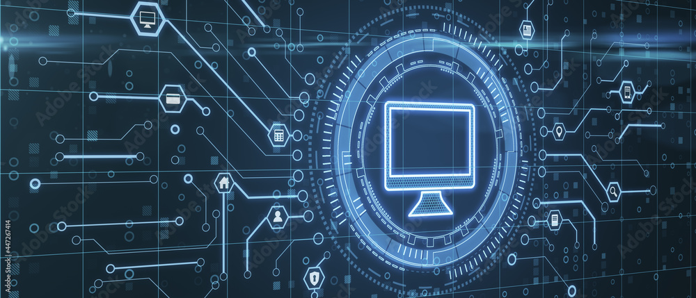 Poster Wide computer icon hologram on dark blue background. Digital transformation concept. 3D Rendering.
