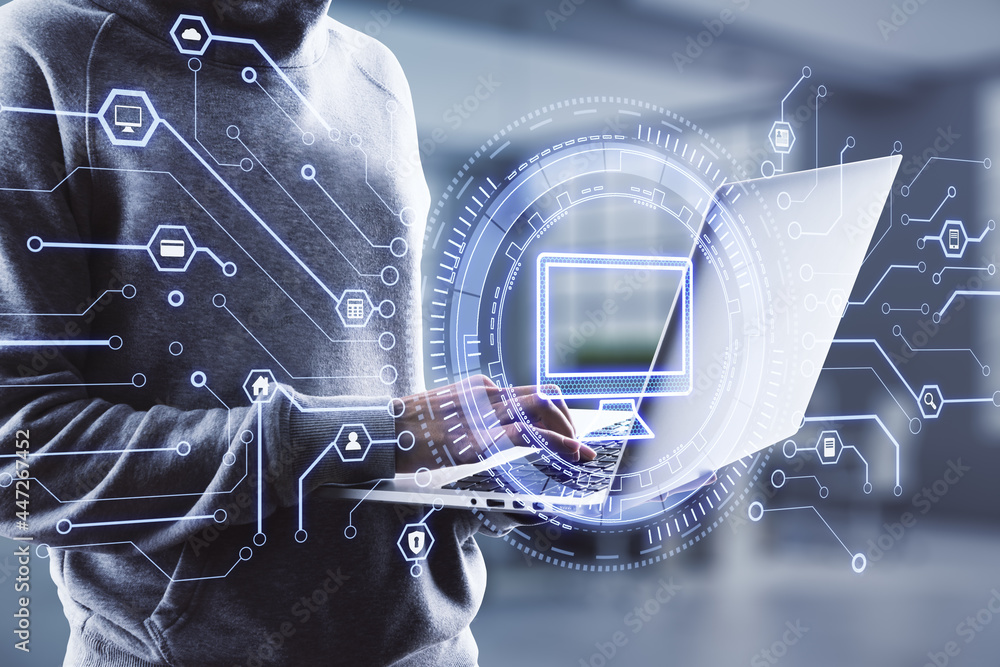 Poster Hacker using laptop with creative computer icon hologram on blurry office background. Digital transformation and fraud concept. Double exposure.