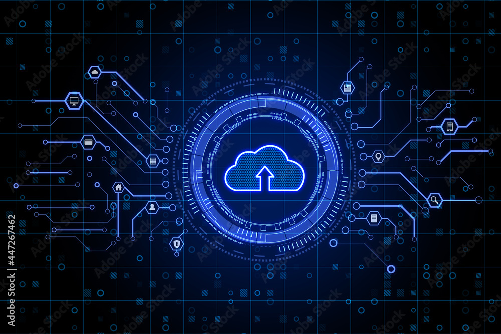 Poster Creative glowing blue cloud interface on dark background. Cloud computing and technology concept. 3D Rendering.