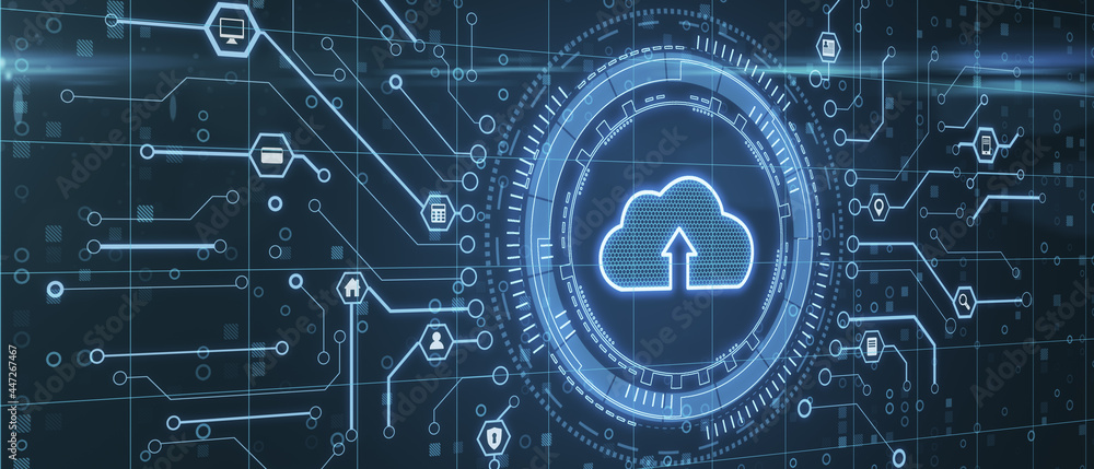 Poster Cloud storage concept with digital glowing cloud icon with arrow inside surrounded by circuit elements