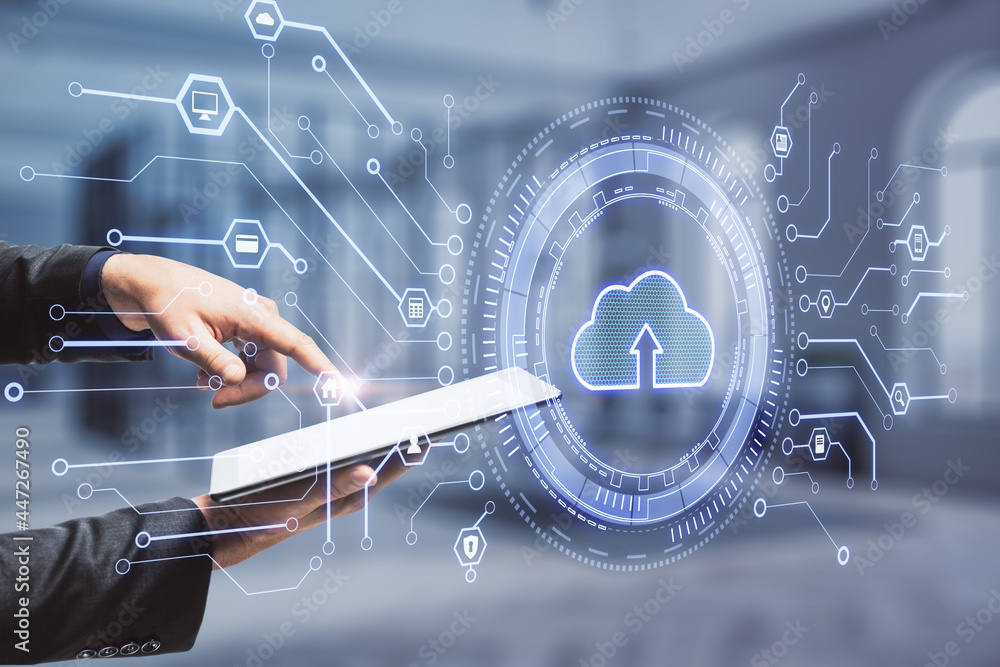 Poster data storage concept with cloud icon with arrow inside on virtual screen before businessman hands wi