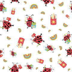 Ladybug back to school vector seamless pattern background. Fun cartoon kawaii ladybird characters with backbacks, pencils, notebooks on white backdrop. Education, kindergarten repeat for children.