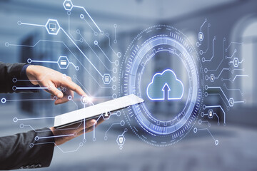 Data storage concept with cloud icon with arrow inside on virtual screen before businessman hands...