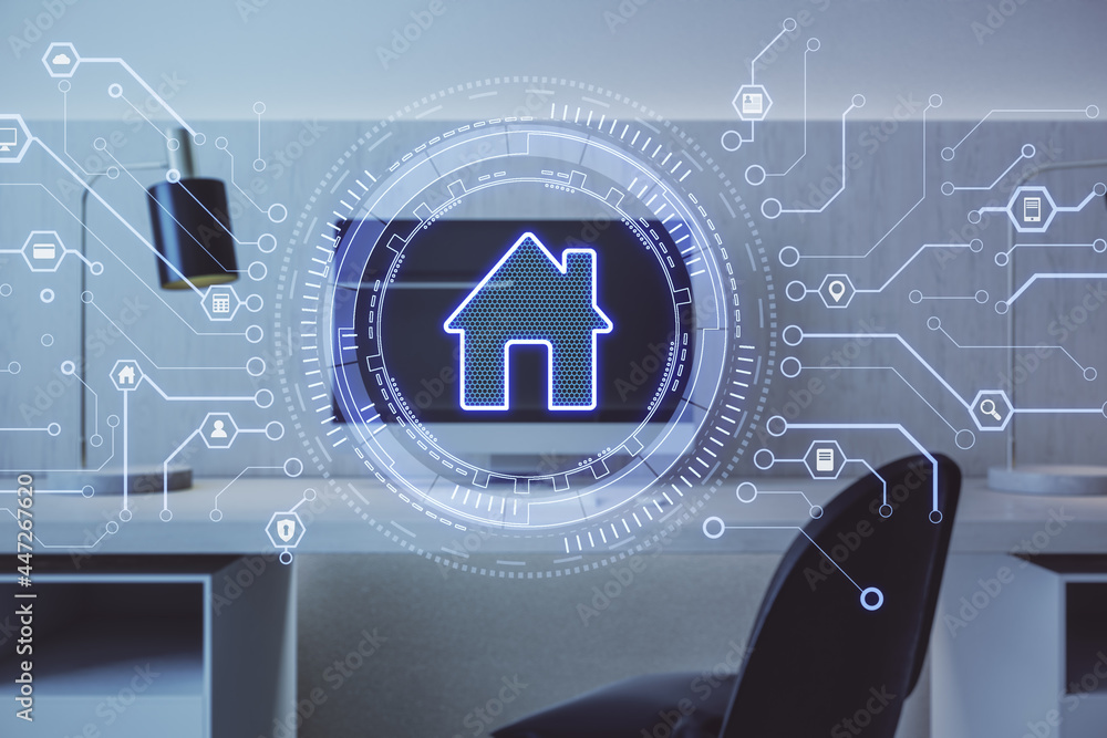 Poster internet of things concept with glowing digital home icon surrounded by circuit lines on home office