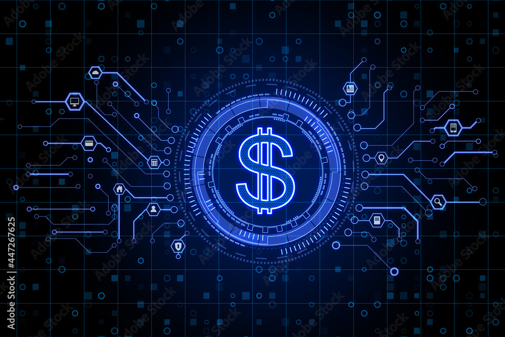 Poster creative glowing dollar sign on dark blue background with circuit. currency and online banking conce