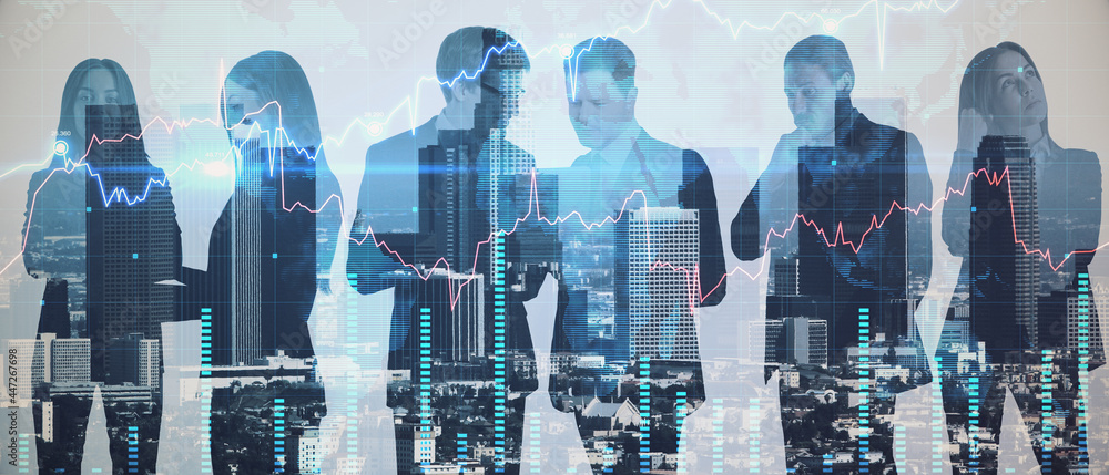 Poster Colleages standing on abstract illuminated city background with forex chart. Teamwork and analysis concept. Double exposure.