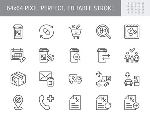 Prescription refill line icons. Vector illustration include icon - pharmacy, rx bottle, medication, drive thru, pharma outline pictogram for pharmaceutical store. 64x64 Pixel Perfect, Editable Stroke