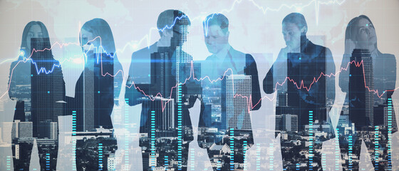 Colleages standing on abstract illuminated city background with forex chart. Teamwork and analysis concept. Double exposure.