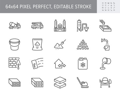 Concrete line icons. Vector illustration include icon - brick, construction, broken stone, spatula, mixer truck, putty outline pictogram for cement manufacturing. 64x64 Pixel Perfect, Editable Stroke