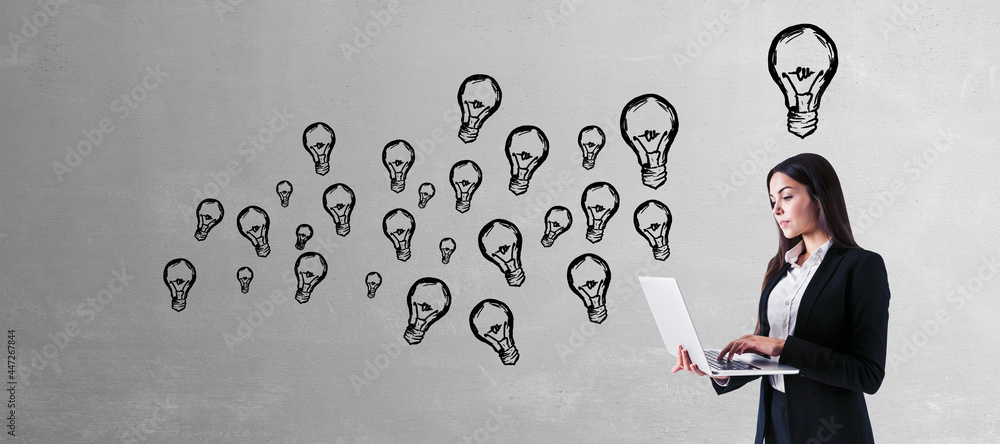 Poster attractive young european businesswoman with notebook and abstract lamp sketch on concrete wall back