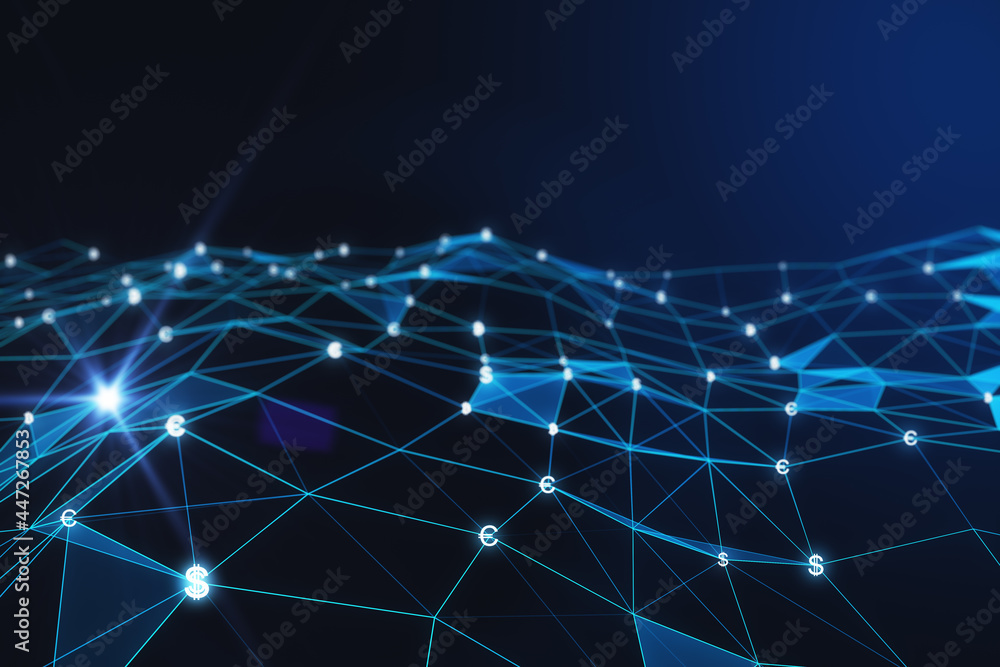 Poster abstract glowing polygonal mesh on dark blue background. innovation and technology concept. 3d rende