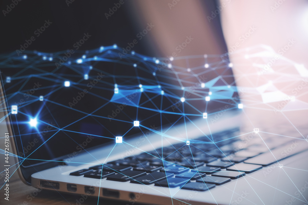 Poster close up of hands using laptop with creative glowing polygonal mesh on blurry background. innovation