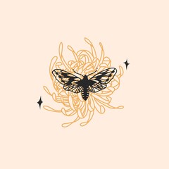 Hand drawn vector abstract stock flat graphic illustration with logo element,bohemian astrology magic minimalistic emblem of mystic moth butterfly and chrysanthemum flower,simple style for branding.