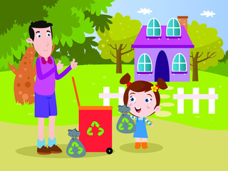Father and daughter with recycle rubbish cartoon 2d vector concept for banner, website, illustration, landing page, flyer, etc.
