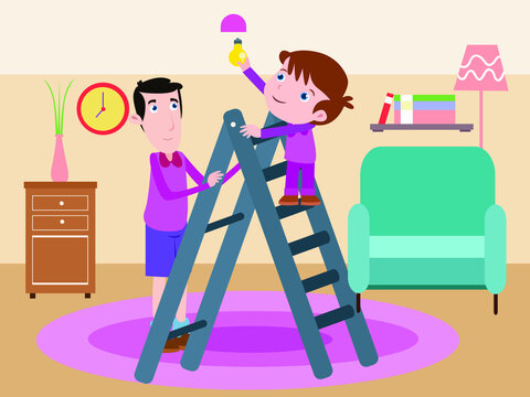 Father And Son Changing Light Bulb Cartoon 2d Vector Concept For Banner, Website, Illustration, Landing Page, Flyer, Etc.