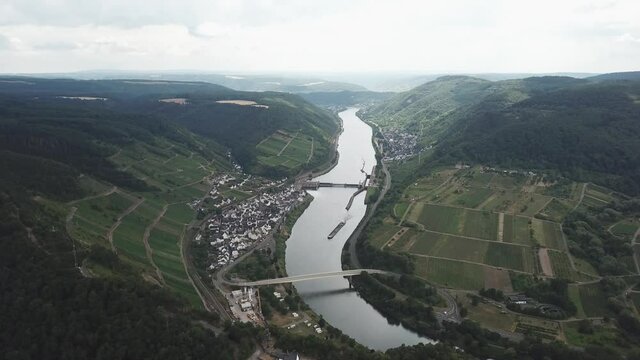 DLOG flat Drone aerial view Mosel Valley in Rheinland Pfalz, vineyards, river and castles