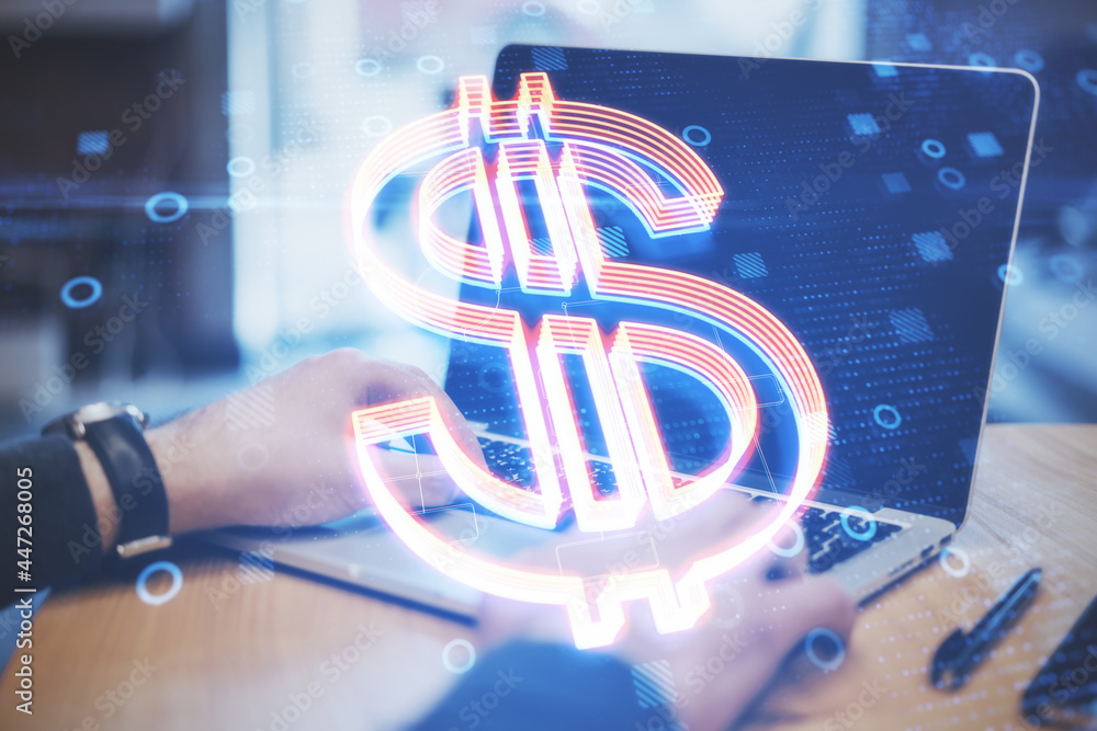 Poster Close up of hands using notebook with glowing dollar sign on blurry background with circles. Futuristic banking concept. Double exposure.