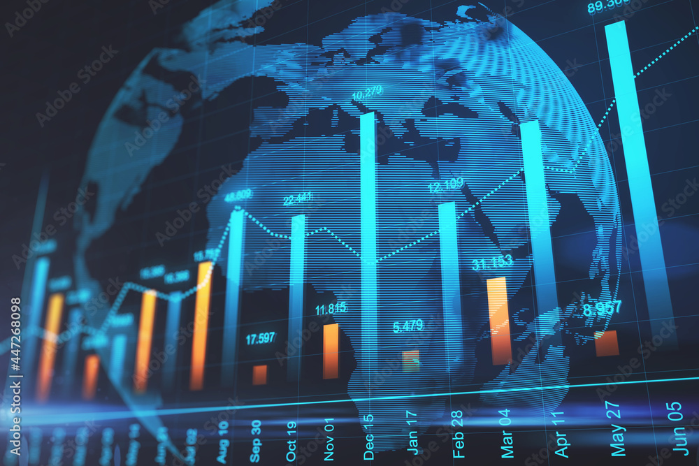 Aufkleber global financial market concept with forex chart indicators on digital world map background