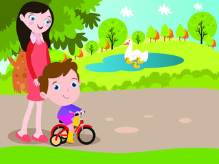Obraz na płótnie Canvas Mother and son strolling at park cartoon 2d vector concept for banner, website, illustration, landing page, flyer, etc.