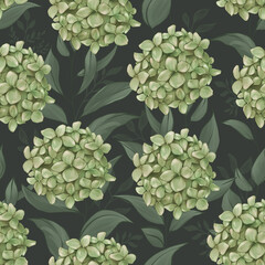 Green Hydrangea, Handdraw illustration, Seamless Pattern on dark background
