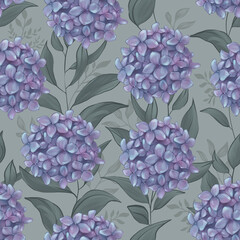 Blue Hydrangea, Handdraw illustration, Seamless Pattern on gray background
