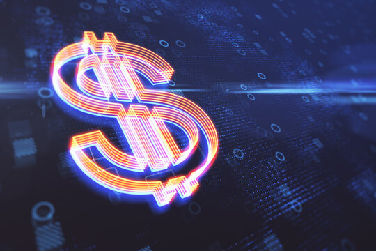 Bright dollar sign on blurry blue background wigth circles. Futuristic banking concept. 3D Rendering.