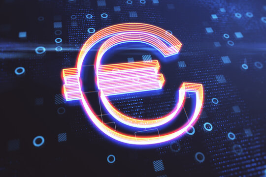Glowing euro sign on blurry blue background wigth circles. Futuristic banking concept. 3D Rendering.