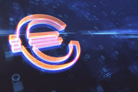 Creative euro sign on blurry blue background wigth circles. Futuristic banking concept. 3D Rendering.