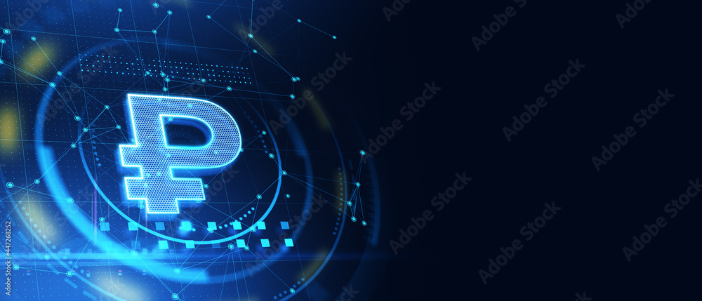 Poster creative ruble icon hologram on dark blue background with mockup place. cryptocurrency and online ba