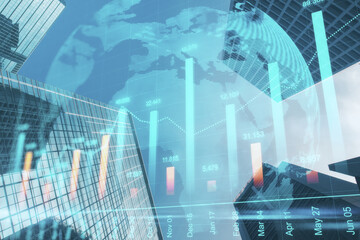 Creative city background with glowing globe and forex chart. Trade and finance concept. Double exposure.