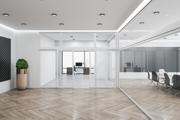 Modern glass meeting room office interior with window and city view, furniture, wooden flooring, equipment and daylight. 3D Rendering.