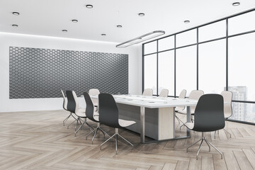New glass meeting room office interior with window and city view, furniture, wooden flooring, equipment and daylight. 3D Rendering.
