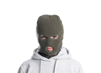 Woman wearing knitted balaclava on white background