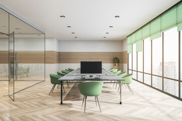 Bright glass meeting room office interior with window and city view, empty computer monitor, furniture, wooden flooring, equipment and daylight. Mock up, 3D Rendering.
