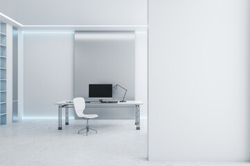 Fototapeta premium Desk with empty black computer monitor in modern white office interior with daylight and empty mockup place on wall. Mock up, 3D Rendering.