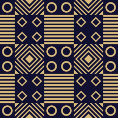 The geometric pattern with lines. Seamless vector background. Blue-black and gold texture. Graphic modern pattern. Simple lattice graphic design.