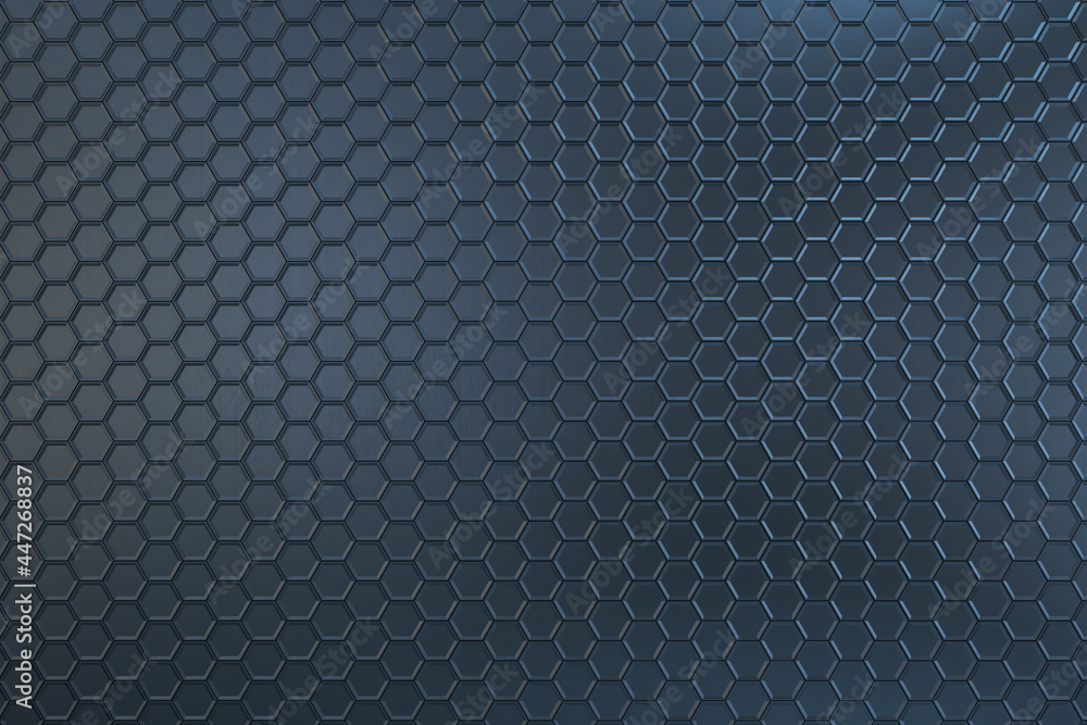 Poster Modern blank technological dark backdrop with metallic hexagon effect. 3D rendering, mock up