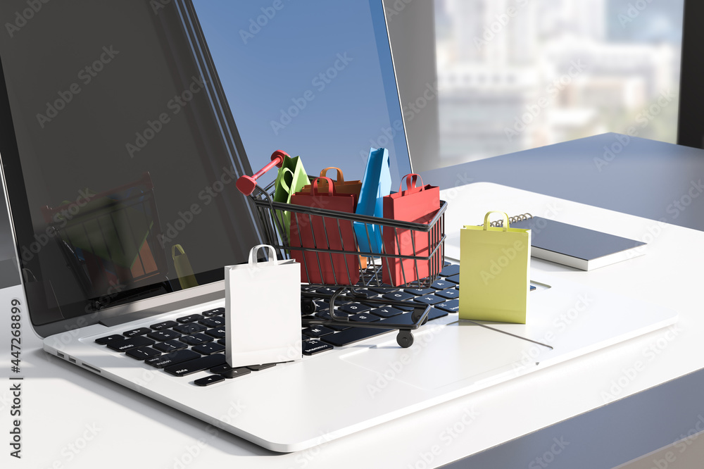 Poster Close up of desktop with notebook and tiny shopping carts on keaybord. Blurry window with city view background. Online shopping and commerce concept. 3D Rendering.