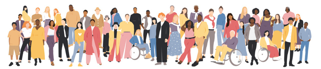 People of different ethnicities stand side by side together. Flat vector illustration.	