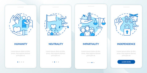 Humanitarian aid autonomy onboarding mobile app page screen. Humanity, neutrality walkthrough 4 steps graphic instructions with concepts. UI, UX, GUI vector template with linear color illustrations