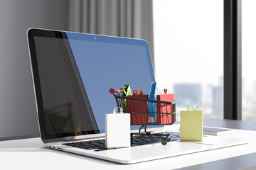 Close up of workplace with laptop and tiny shopping carts on keaybord. Blurry window with city view background. Online shopping and commerce concept. 3D Rendering.