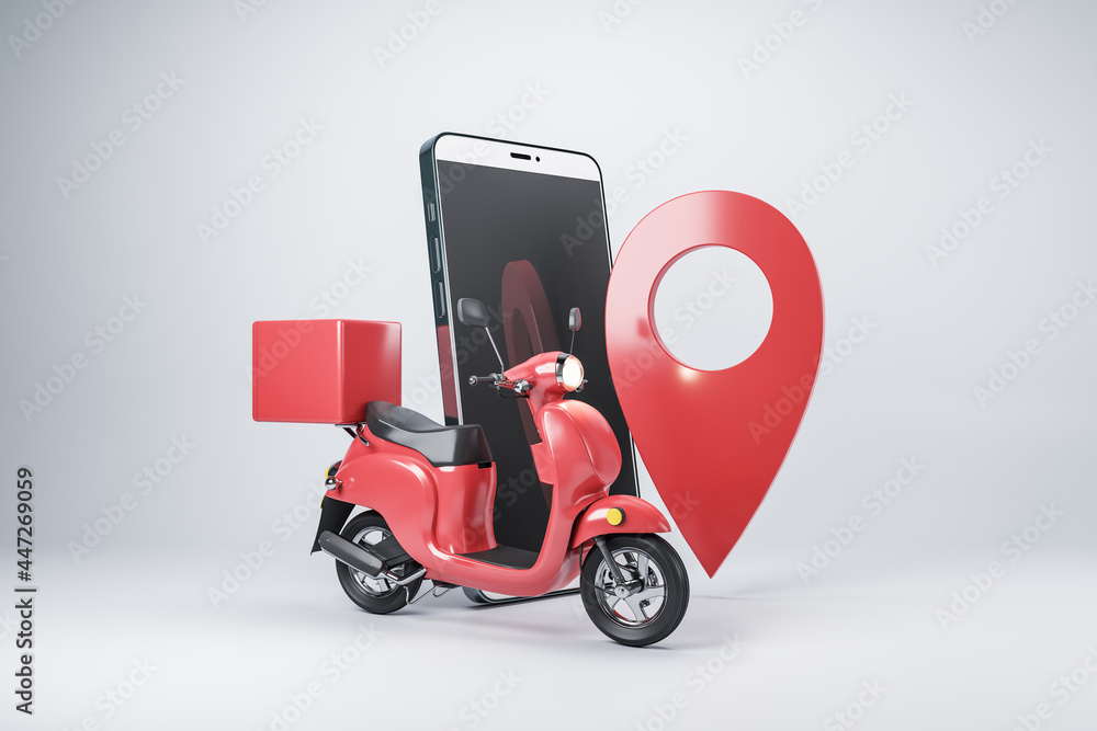 Poster mobile delivery concept with red scooter with trunk, pin location, and smartphone on abstract light 