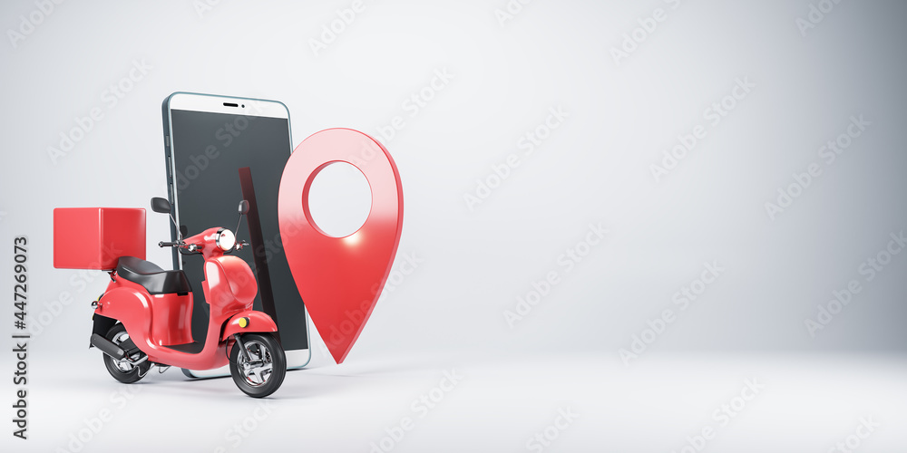 Poster Fast delivery package concept with red scooter with trunk, pin point, and smartphone on blank light wallpaper with copyspace. 3D rendering, mock up